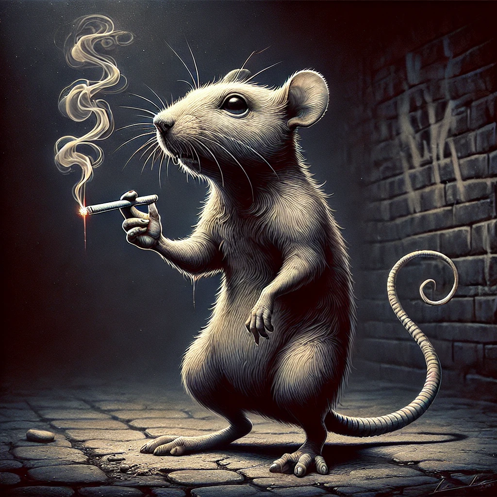 Here's the image of, Cigrat, a rat smoking a cigarette in a gritty, noir-style alleyway.